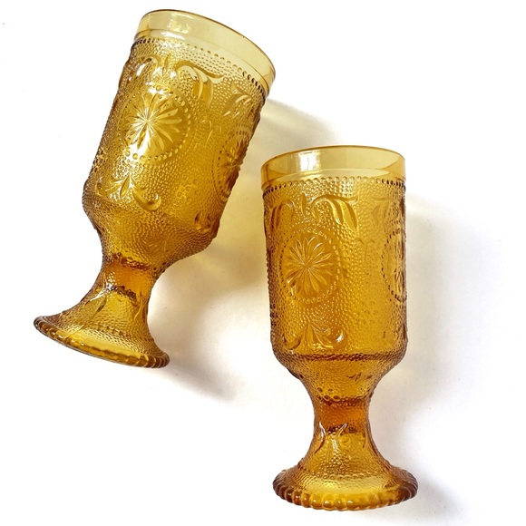 Vintage Vibrant Yellow Gold Textured Glass Goblet Stemware Wine Glass Set of 2